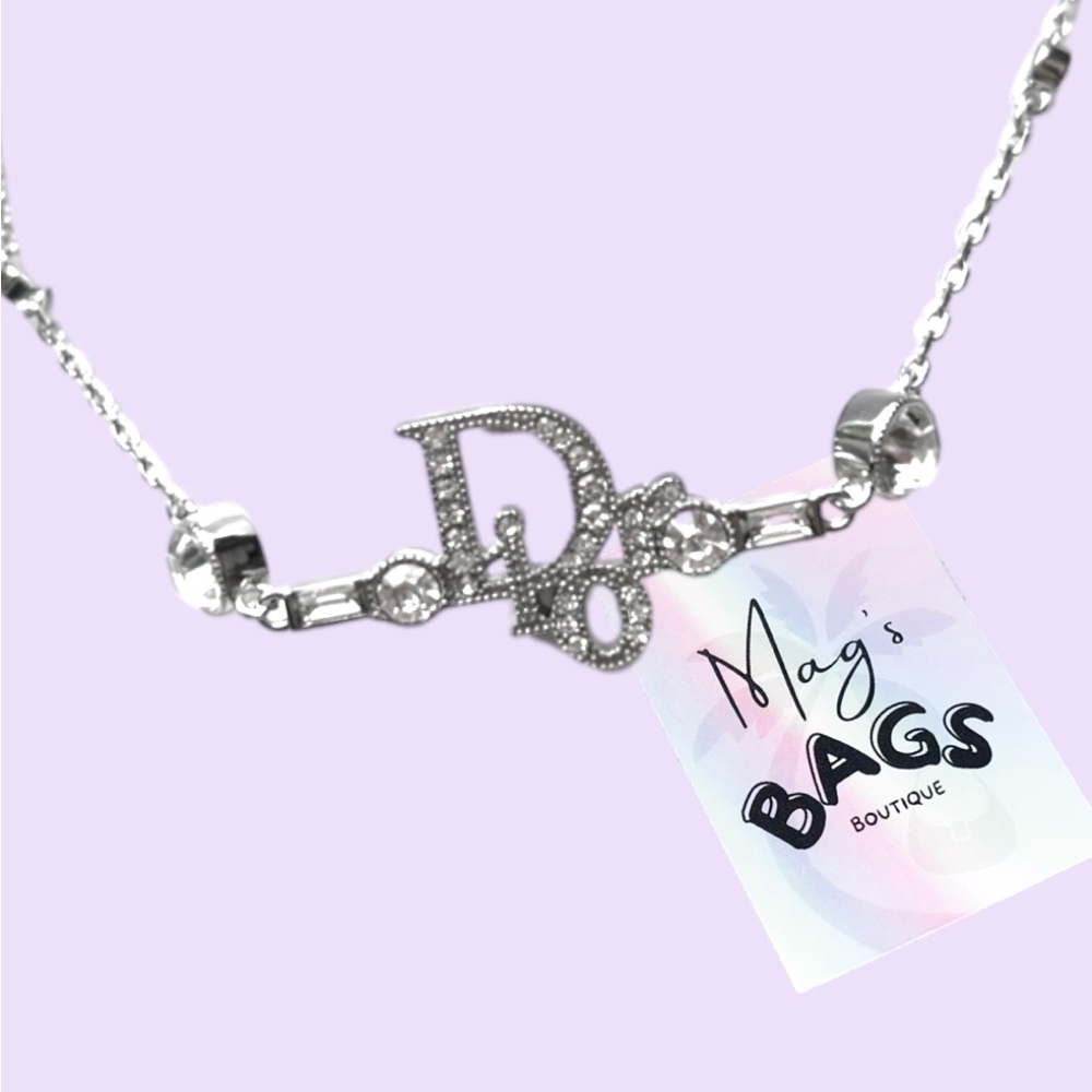Dior: Crystal Logo Bar Rhinestone Silver Necklace - Picture 1 of 16